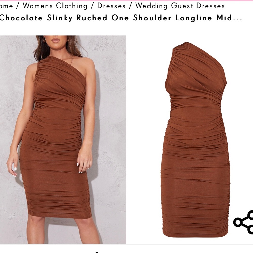 Prettylittlething brown ruched dress, much longer than pictured on website!